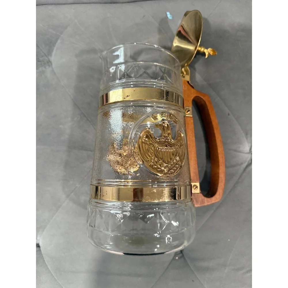 Vintage Glass Beer Stein‎ with Eagle Emblem Gold Trim Wood Handle Hinged Lid